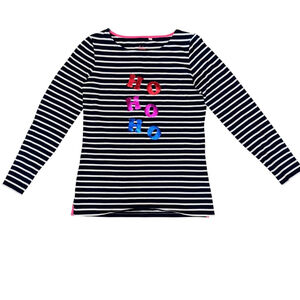 Boden Holiday Tee Navy White Stripe HO HO HO Long Sleeve Tee US 8 Santa